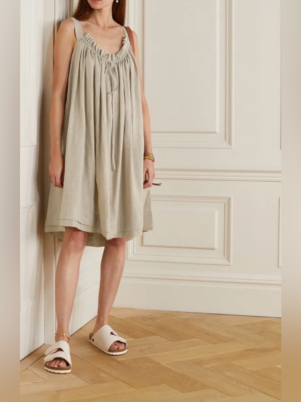 &Daughter Bella and daughter Beige linen Gathered Neck Sleeveless Summer Dress S